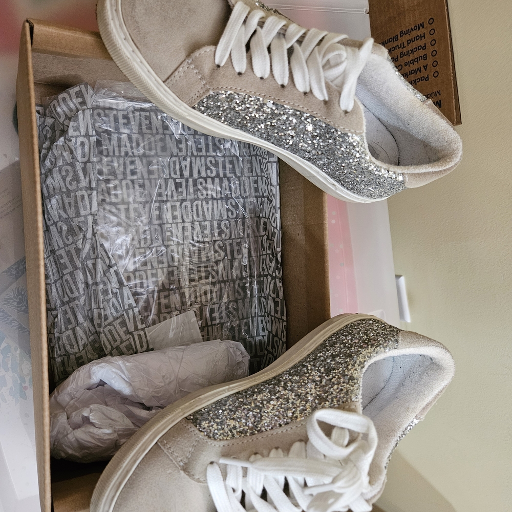 Steven By Steve Madden Beige and Silver Glitter Sneakers